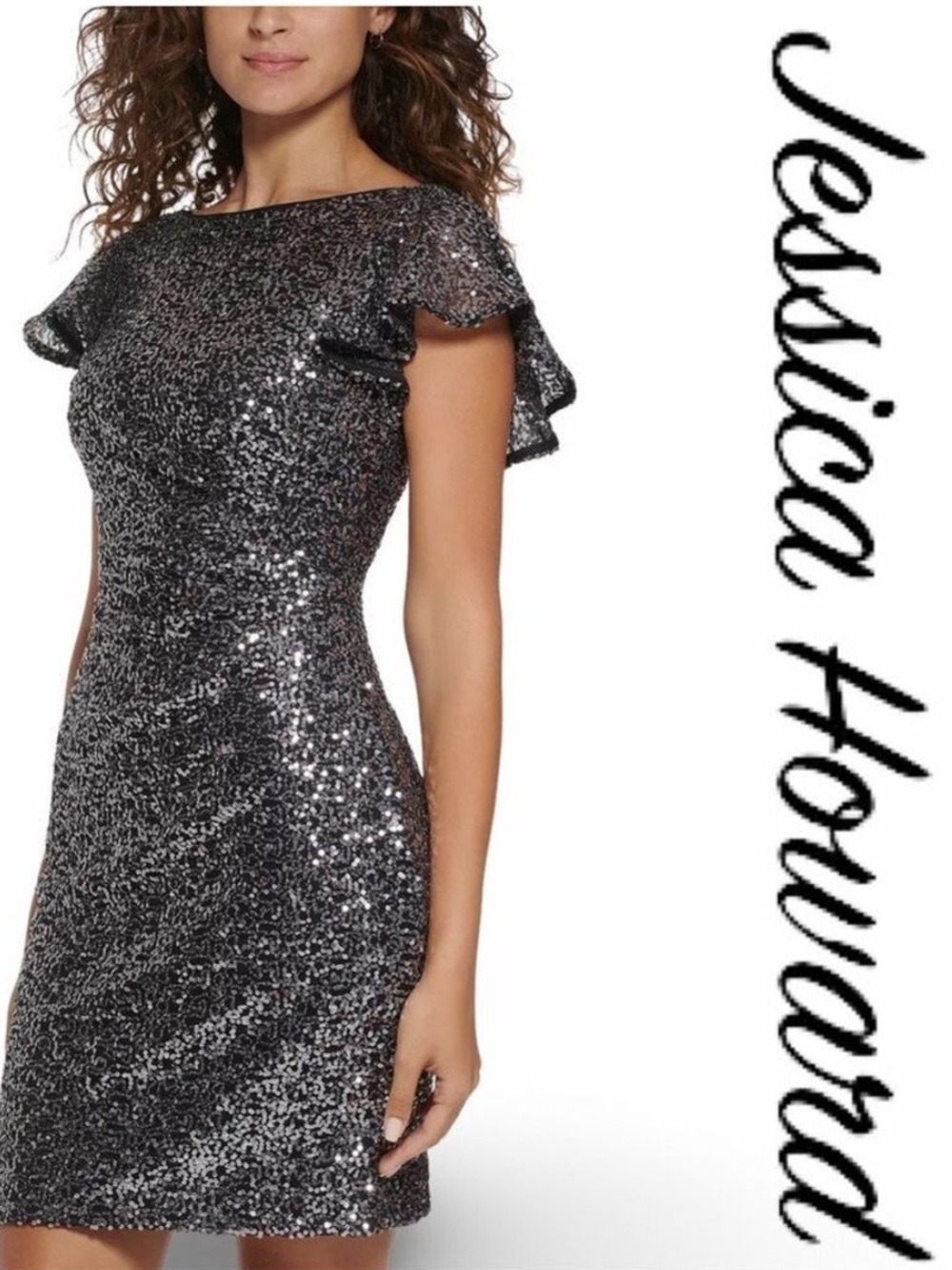 NWT $259 Jessica Howard Flutter Sleeve Sequin Dress